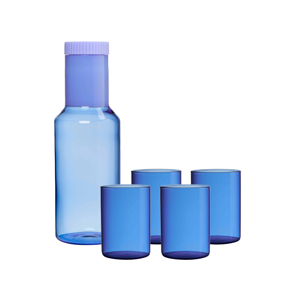 Tube Glass Carafe and 4x Drinking Glasses Set Blue