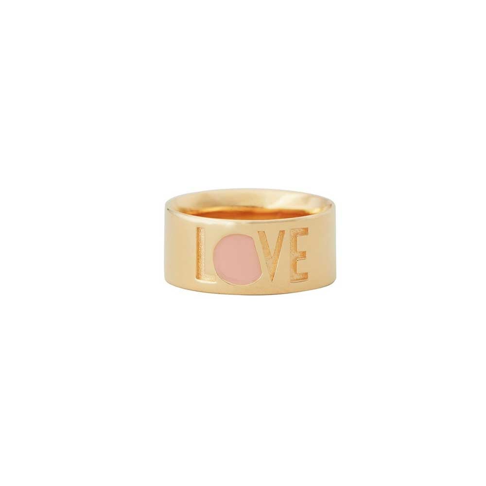 18k gold plated love ring with engraved letters and pink enamel details